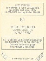 1981-82 O-Pee-Chee Stickers #61 Mike Rogers  Back