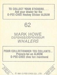 1981-82 O-Pee-Chee Stickers #62 Mark Howe  Back