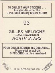 1981-82 O-Pee-Chee Stickers #93 Gilles Meloche  Back