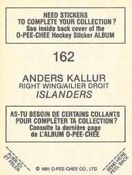 1981-82 O-Pee-Chee Stickers #162 Anders Kallur  Back