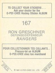 1981-82 O-Pee-Chee Stickers #167 Ron Greschner  Back