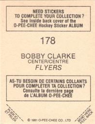 1981-82 O-Pee-Chee Stickers #178 Bobby Clarke  Back