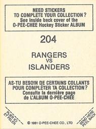 1981-82 O-Pee-Chee Stickers #204 Rangers vs. Islanders  Back
