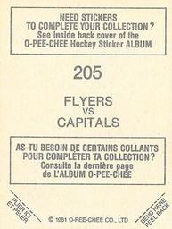 1981-82 O-Pee-Chee Stickers #205 Flyers vs. Capitals  Back