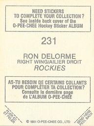 1981-82 O-Pee-Chee Stickers #231 Ron Delorme  Back