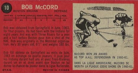 1964-65 Topps #10 Bob McCord Back
