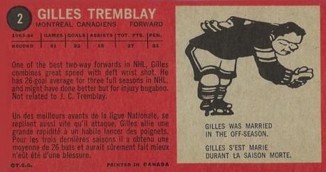 1964-65 Topps #2 Gilles Tremblay Back