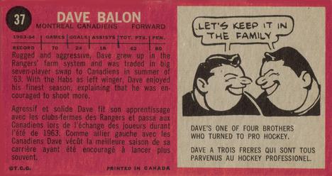 1964-65 Topps #37 Dave Balon Back