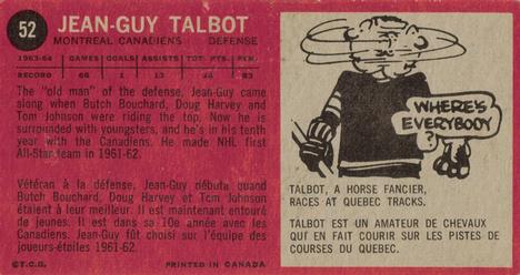 1964-65 Topps #52 Jean-Guy Talbot Back