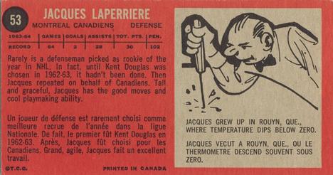 1964-65 Topps #53 Jacques Laperriere Back