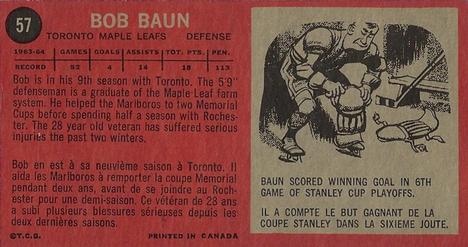 1964-65 Topps #57 Bob Baun Back