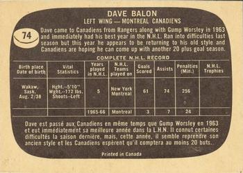 1966-67 Topps #74 Dave Balon Back