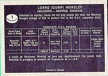 1967-68 Topps #1 Lorne Worsley Back