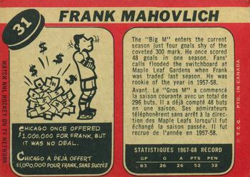 1968-69 O-Pee-Chee #31 Frank Mahovlich Back