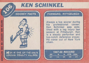 1968-69 Topps #106 Ken Schinkel Back