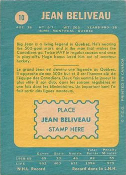 1969-70 O-Pee-Chee #10 Jean Beliveau Back