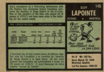 1971-72 O-Pee-Chee #145 Guy Lapointe Back