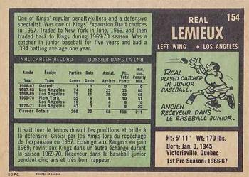 1971-72 O-Pee-Chee #154 Real Lemieux Back