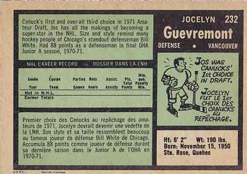 1971-72 O-Pee-Chee #232 Jocelyn Guevremont Back