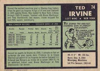 1971-72 O-Pee-Chee #74 Ted Irvine Back