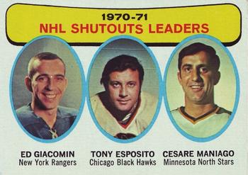 1971-72 Topps #5 1970-71 NHL Shutouts Leaders (Ed Giacomin / Tony Esposito / Cesare Maniago) Front