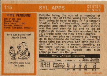 1972-73 O-Pee-Chee #115 Syl Apps Back
