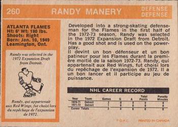 1972-73 O-Pee-Chee #260 Randy Manery Back