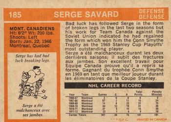 1972-73 O-Pee-Chee #185 Serge Savard Back