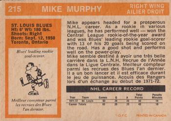 1972-73 O-Pee-Chee #215 Mike Murphy Back