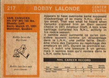 1972-73 O-Pee-Chee #217 Bobby Lalonde Back