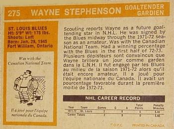 1972-73 O-Pee-Chee #275 Wayne Stephenson Back