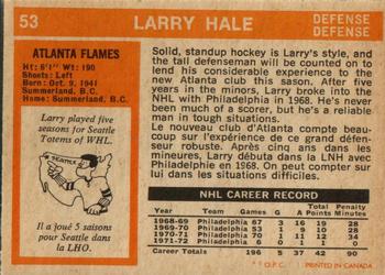 1972-73 O-Pee-Chee #53 Larry Hale Back