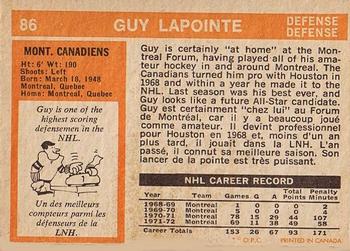 1972-73 O-Pee-Chee #86 Guy Lapointe Back