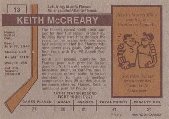 1973-74 O-Pee-Chee #13 Keith McCreary Back