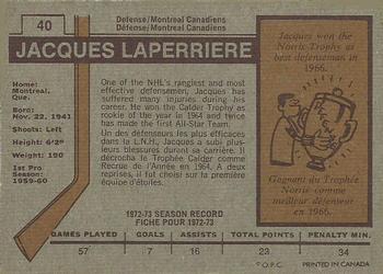 1973-74 O-Pee-Chee #40 Jacques Laperriere Back