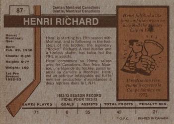 1973-74 O-Pee-Chee #87 Henri Richard Back