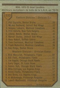 1973-74 O-Pee-Chee #133 1972-73 Goal Leaders (Phil Esposito / Rick MacLeish) Back