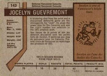 1973-74 O-Pee-Chee #143 Jocelyn Guevremont Back