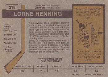 1973-74 O-Pee-Chee #218 Lorne Henning Back