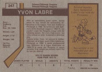 1973-74 O-Pee-Chee #247 Yvon Labre Back