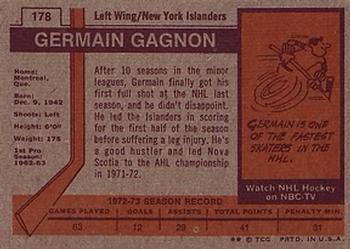 1973-74 Topps #178 Germain Gagnon Back