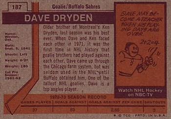 1973-74 Topps #187 Dave Dryden Back
