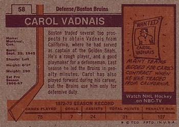 1973-74 Topps #58 Carol Vadnais Back