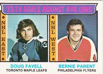 1974-75 O-Pee-Chee #4 '73-74 Goals Against Avg Ldrs (Doug Favell / Bernie Parent) Front