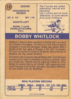 1974-75 O-Pee-Chee WHA #12 Bob Whitlock Back