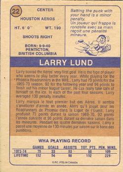 1974-75 O-Pee-Chee WHA #22 Larry Lund Back