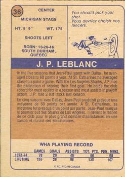 1974-75 O-Pee-Chee WHA #36 J. P. LeBlanc Back