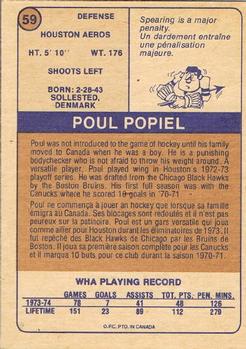 1974-75 O-Pee-Chee WHA #59 Poul Popiel Back