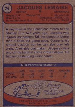 1974-75 Topps #24 Jacques Lemaire Back
