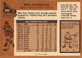 1975-76 O-Pee-Chee #200 Phil Esposito Back